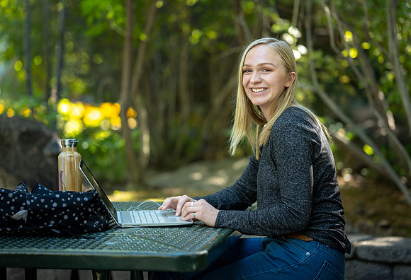 Students enjoy the tranquility of the Ricks Horticulture Gardens.