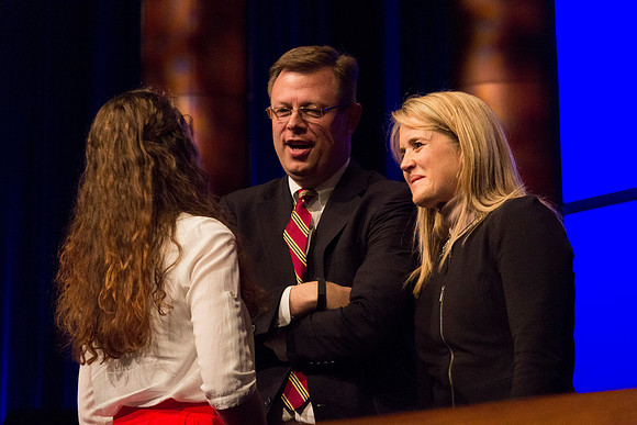 Clark G. Gilbert and his wife speak to a BYU-I student. Taken by Erik HIll