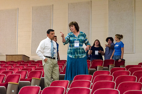 Participants count the seats in the Kirkham Auditorium.