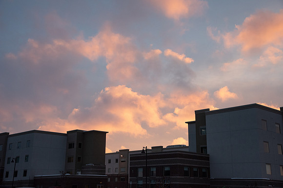 BYU-Idaho's Centre Square with a winter sunset.