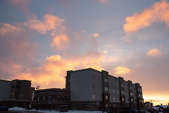 BYU-Idaho's Centre Square with a winter sunset.