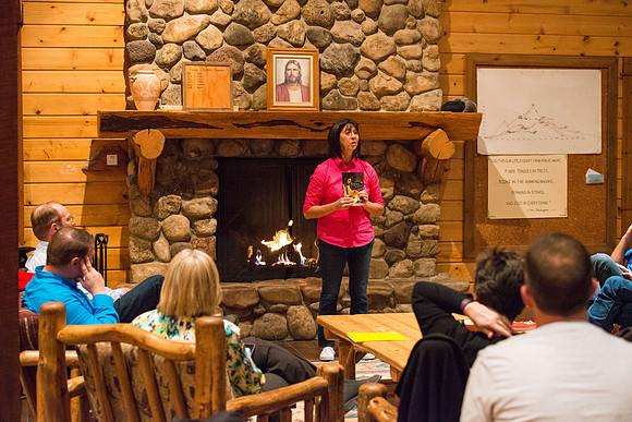 Retreat for teachers at the Sky Mountain Lodge in Victor, Idaho. Participants share a favorite book.