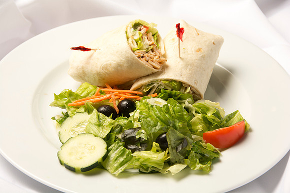 Shredded Chicken with Romaine Lettuce, Slivered Almonds, Cabbage and Peppers in a Garlic Herb Wrap with Thai Sesame Dressing. Served with Chef's Choice Salad and Chef's Choice Dessert.