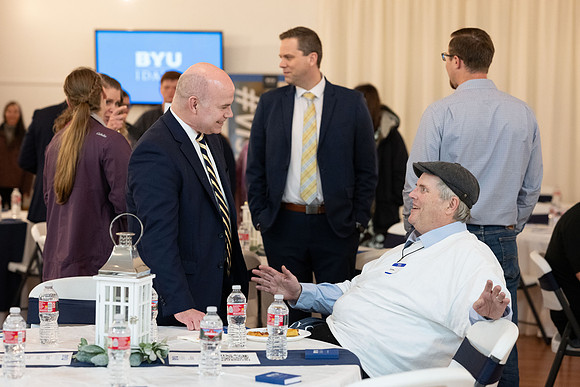 Alumni in the Cache Valley area gather at Eagles Landing Event Center, in Smithfield, Utah and get the chance to listen to and meet President Meredith.