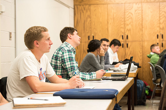 Students in a Civil Engineering class, Reinforced Concrete Design, are taught by Nathan Harris.