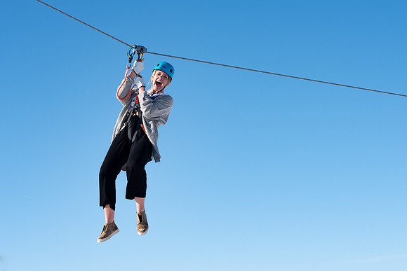 Students try out the new ropes course and zipline at BYU-Idaho.