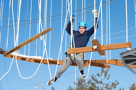 Students try out the new ropes course and zipline at BYU-Idaho.