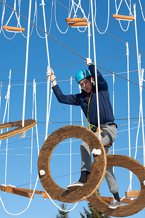 Students try out the new ropes course and zipline at BYU-Idaho.