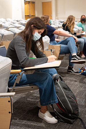 Brother Castro teaches a Missionary Prep during Summer session 2020. Students are separated to be social distance and wear masks during the COVID-19 Pandemic.