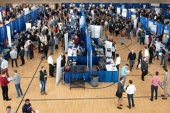 Students meet with different businesses for potential internships and jobs at a career fair at BYU-Idaho.