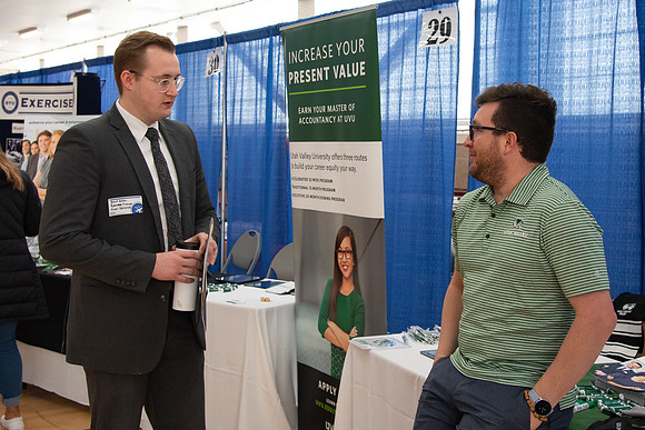 Students meet with different businesses for potential internships and jobs at a career fair at BYU-Idaho.
