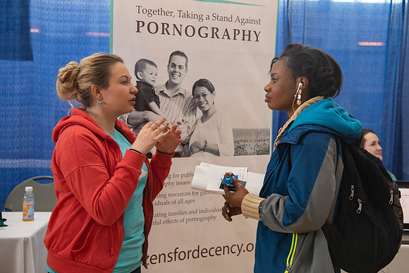 Students meet with different businesses for potential internships and jobs at a career fair at BYU-Idaho.