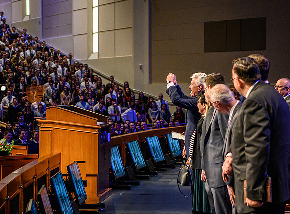 Elder and sister Uchtdorf speak at devotional in the BYU-Idaho Center.
