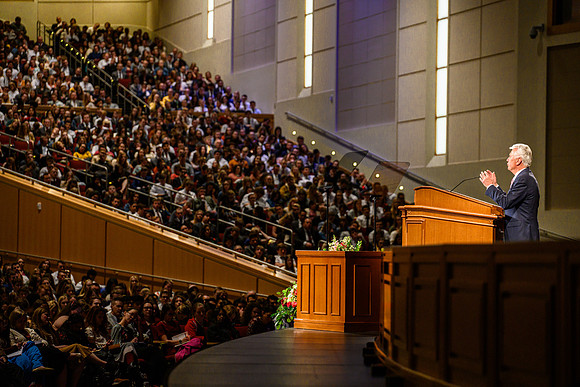 Elder and sister Uchtdorf speak at devotional in the BYU-Idaho Center.