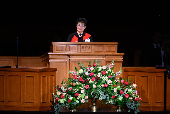 Sister Harriet Uchtdorf speaks to thousands of students at a special devotional at the BYU-Idaho Center.