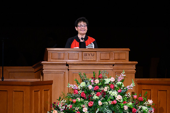 Sister Harriet Uchtdorf speaks to thousands of students at a special devotional at the BYU-Idaho Center.