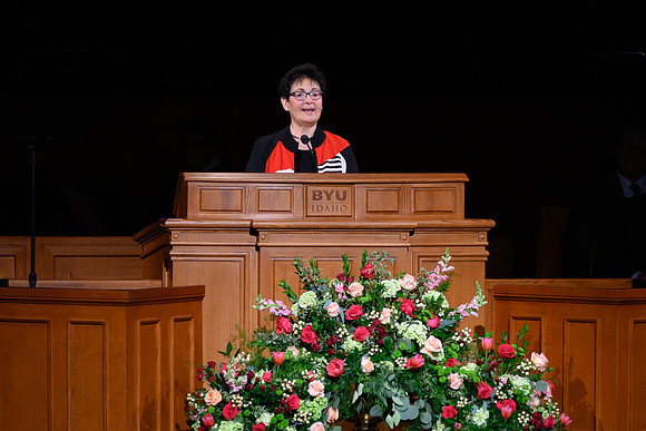 Sister Harriet Uchtdorf speaks to thousands of students at a special devotional at the BYU-Idaho Center.