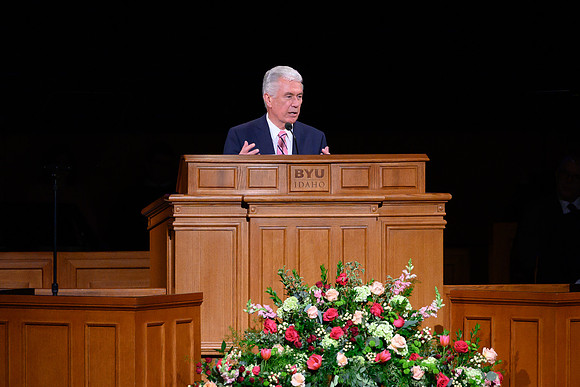 Elder Dieter F. Uchtdorf, of the Quorum of the Twelve Apostles, speaks to thousands of students at a special devotional at the BYU-Idaho Center.
