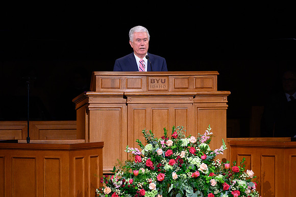 Elder Dieter F. Uchtdorf, of the Quorum of the Twelve Apostles, speaks to thousands of students at a special devotional at the BYU-Idaho Center.