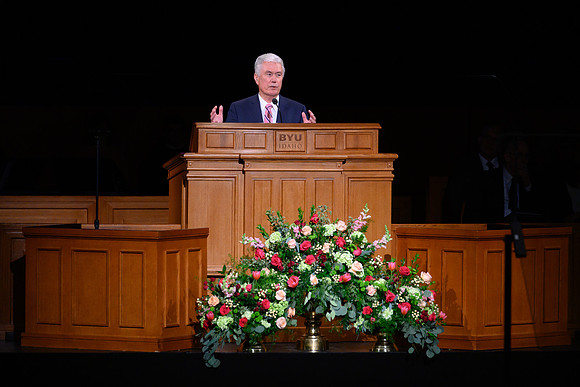Elder Dieter F. Uchtdorf, of the Quorum of the Twelve Apostles, speaks to thousands of students at a special devotional at the BYU-Idaho Center.
