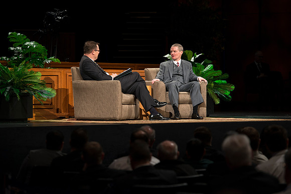 President Gilbert and Elder David A. Bednar Have a Q&A style meeting for the BYU-Idaho employees. Elder Bednar was the President during the transition of Ricks College to BYU-Idaho.