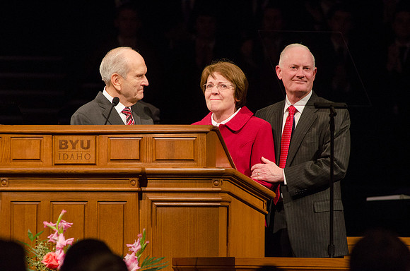 Students stand and give appreciation to President Kim B. Clark and his wife, Sue, after Russell M. Nelson announces new BYU-Idaho President. Photo by Katelyn Crompton