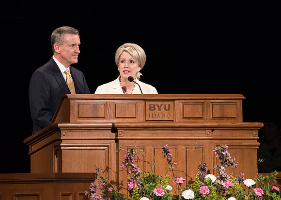 Elder Kevin Duncan, and his wife Nancy, address students at a BYU-Idaho Devotional in Spring 2019.