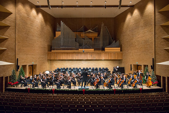 Students in the University Orchestra perform at the end of the semester concert