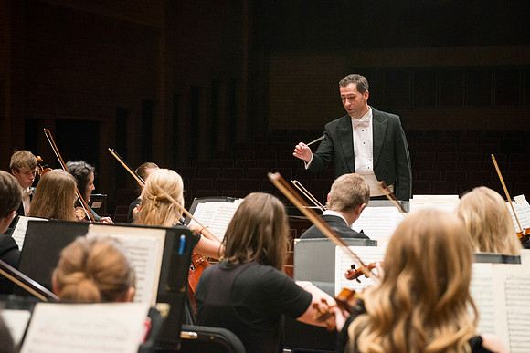 Students in the University Orchestra  during a dress rehearsal in preperation before their end of the semester concert.