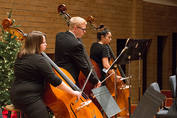 Students in the University Orchestra  during a dress rehearsal in preperation before their end of the semester concert.