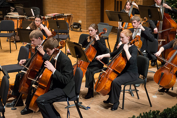 Students in the University Orchestra  during a dress rehearsal in preperation before their end of the semester concert.