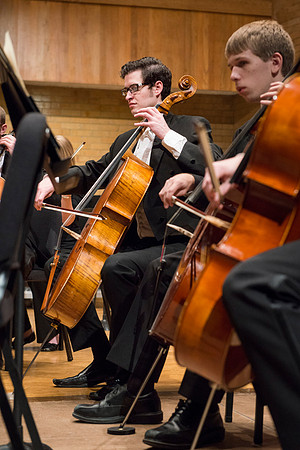 Students in the University Orchestra  during a dress rehearsal in preperation before their end of the semester concert.