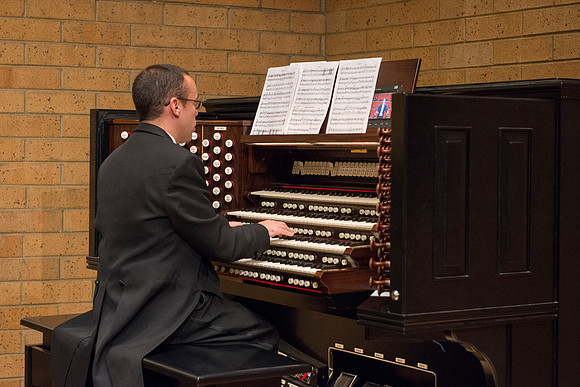 Students in the University Orchestra  during a dress rehearsal in preperation before their end of the semester concert.