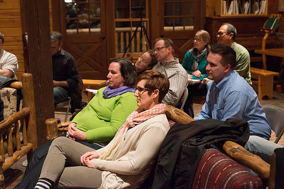 Retreat for teachers at the Sky Mountain Lodge in Victor, Idaho. Participants share a favorite book.