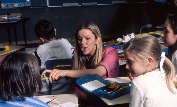 Student teachers practice in the classroom. March 6, 2002.