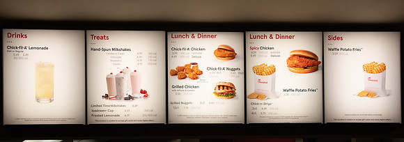 Menu board of Chick-fil-A express at BYU-Idaho.