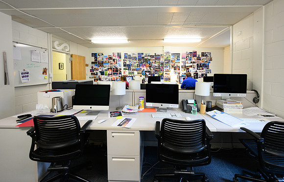 Normally a busy place with Graphic Designers, Photographers, Web Designers and writers, this University Relations student workroom is pretty quiet due to the Covid-19 Coronavirus.