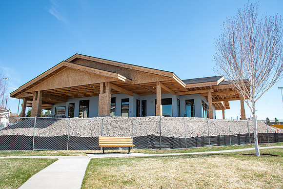 Progress on the construction of the new community center at University Village, housing for married students and their families.