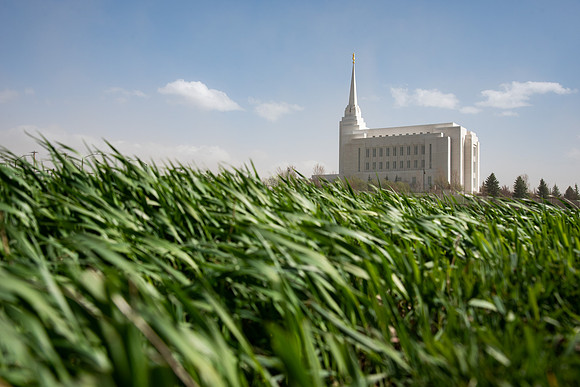 Rexburg Idaho Temple surrounded by dust during a wind storm.
