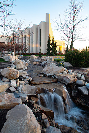 Small waterfall in front of the Taylor Building at BYU-Idaho.