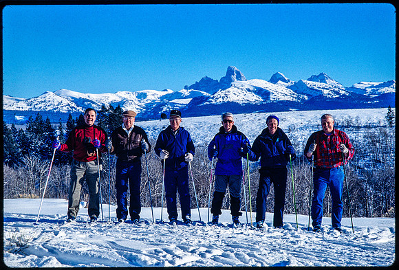 President Steven D Bennion, Dean Sorensen, Mack Shirley, Jim Smyth, Brent Kinghorn and Dave Richards enjoy a little cross country skiing at Badger Creek.