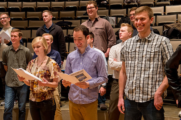 Students sing under the direction of Brother Randall Kempton in the Collegiate Singers ensemble.