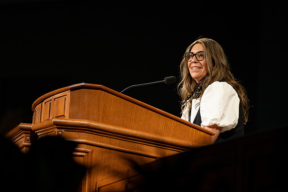 Elder and Sister Giménez address students during the weekly BYU-Idaho Devotional.