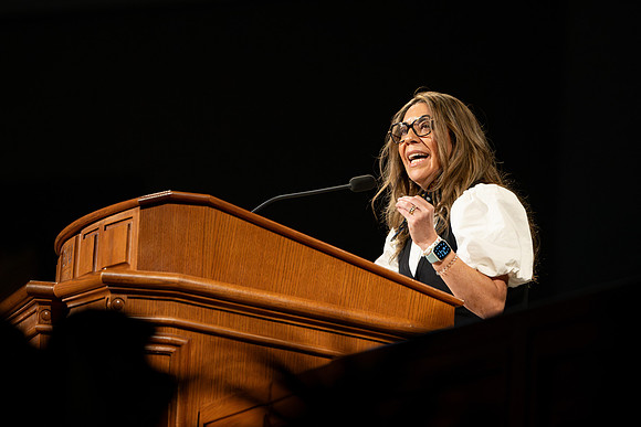 Elder and Sister Giménez address students during the weekly BYU-Idaho Devotional.