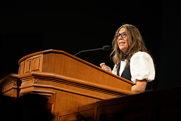 Elder and Sister Giménez address students during the weekly BYU-Idaho Devotional.
