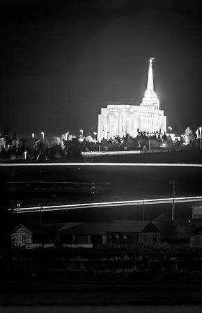 The Rexburg temple, as viewed from Poleline road after dark.
