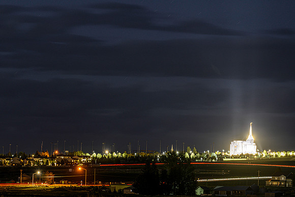 The Rexburg temple, as viewed from Poleline road after dark.