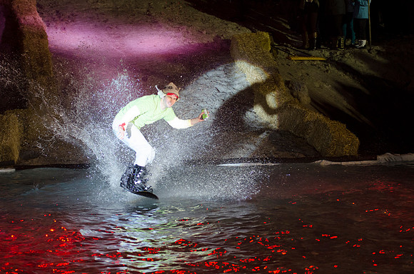Students at Brigham Young University-Idaho take part in the annual Pond Skimming event held on campus at BYU-Idaho. Students wait in the cold or take the daring attempt to skim a pool of water using a