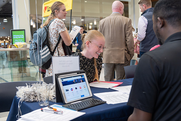 Students attend the Career Fair in the Hyrum Manwaring Center