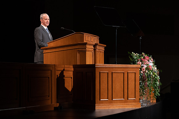 Robert Tueller of the Music Department records his devotional talk.